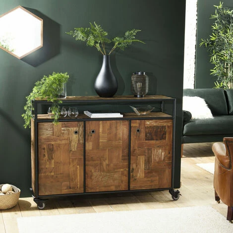 MACABANE ALIDA - Buffet Marron à Roulettes 3 Portes 1 étagère Bois Teck Recyclé Métal Noir - Marron / Noir 3 MACABANE ALIDA - Buffet Marron à Roulettes 3 Portes 1 étagère Bois Teck Recyclé Métal Noir - Marron / Noir