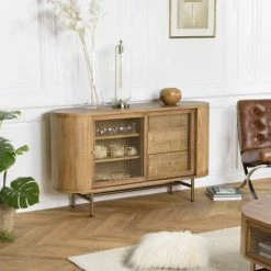 MACABANE YSEULT - Buffet Arrondi Couleur Naturelle Bois Peuplier 2 Portes Coulissantes En Verre 3 Tiroirs - Naturel