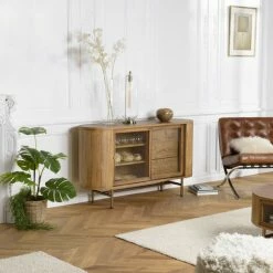 MACABANE YSEULT - Buffet Arrondi Couleur Naturelle Bois Peuplier 2 Portes Coulissantes En Verre 3 Tiroirs - Naturel -MACABANE Elegant store 34272966 4