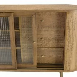 MACABANE YSEULT - Buffet Arrondi Couleur Naturelle Bois Peuplier 2 Portes Coulissantes En Verre 3 Tiroirs - Naturel -MACABANE Elegant store 34272966 5