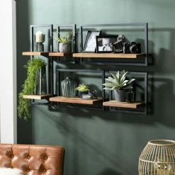 MACABANE ALIDA - Étagère Murale 2 Plateaux Teck Recyclé Marron Structure Métal Noir - Marron / Noir -MACABANE Elegant store 34275518 3