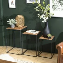MACABANE ALIDA - Set De 3 Tables D'appoint Gigogne Plateaux Bois Teck Recyclé Structure Métal Noir - Marron / Noir