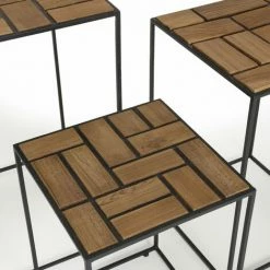 MACABANE ALIDA - Set De 3 Tables D'appoint Gigogne Plateaux Bois Teck Recyclé Structure Métal Noir - Marron / Noir -MACABANE Elegant store 34275533 3