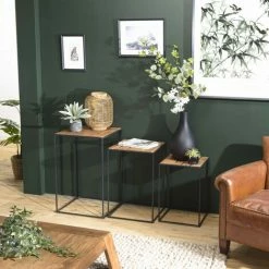 MACABANE ALIDA - Set De 3 Tables D'appoint Gigogne Plateaux Bois Teck Recyclé Structure Métal Noir - Marron / Noir -MACABANE Elegant store 34275533 4