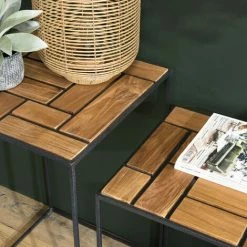 MACABANE ALIDA - Set De 3 Tables D'appoint Gigogne Plateaux Bois Teck Recyclé Structure Métal Noir - Marron / Noir -MACABANE Elegant store 34275533 5