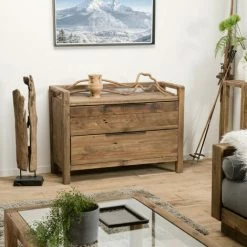 MACABANE ANDRIAN - Commode Marron 2 Tiroirs Bois Pin Recyclé Poignées Métal Noir - Naturelle