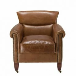 MACABANE GASTON - Fauteuil Marron VERONE Vintage Cuir Pieds Bois Avec Roulettes - Marron -MACABANE Elegant store 41641355 2