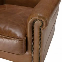 MACABANE GASTON - Fauteuil Marron VERONE Vintage Cuir Pieds Bois Avec Roulettes - Marron -MACABANE Elegant store 41641355 3
