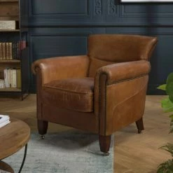 MACABANE GASTON - Fauteuil Marron VERONE Vintage Cuir Pieds Bois Avec Roulettes - Marron -MACABANE Elegant store 41641355 4