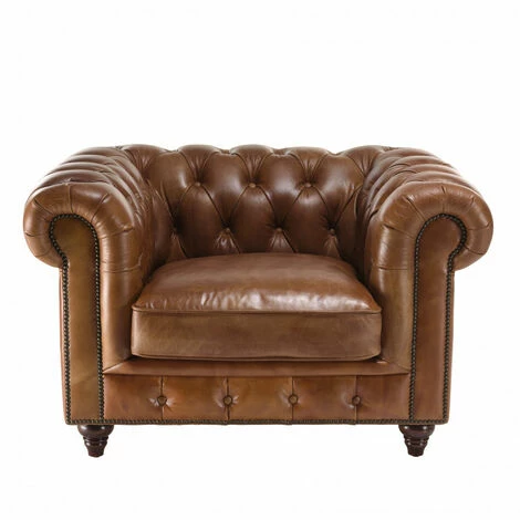 MACABANE GASTON - Fauteuil Marron CHESTERFIELD Capitonné Vintage 1 Place Cuir Pieds Bois - Marron 4 MACABANE GASTON - Fauteuil Marron CHESTERFIELD Capitonné Vintage 1 Place Cuir Pieds Bois - Marron – Image 2