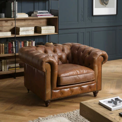MACABANE GASTON - Fauteuil Marron CHESTERFIELD Capitonné Vintage 1 Place Cuir Pieds Bois - Marron 6 MACABANE GASTON - Fauteuil Marron CHESTERFIELD Capitonné Vintage 1 Place Cuir Pieds Bois - Marron – Image 4