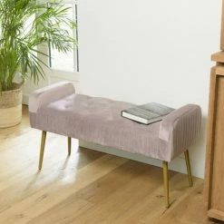 MACABANE ALBANE - Banc De Lit Velours Rose Poudré Pieds Métal Doré - Rose / Doré