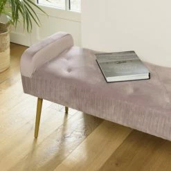 MACABANE ALBANE - Banc De Lit Velours Rose Poudré Pieds Métal Doré - Rose / Doré -MACABANE Elegant store 41641360 5