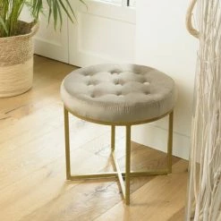 MACABANE ALBANE - Tabouret Rond 41x41cm Velours Taupe Avec Boutons Pieds Croisés Métal Doré - Taupe / Doré