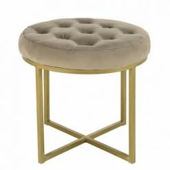 MACABANE ALBANE - Tabouret Rond 41x41cm Velours Taupe Avec Boutons Pieds Croisés Métal Doré - Taupe / Doré -MACABANE Elegant store 41641363 3