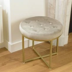 MACABANE ALBANE - Tabouret Rond 41x41cm Velours Taupe Avec Boutons Pieds Croisés Métal Doré - Taupe / Doré -MACABANE Elegant store 41641363 4