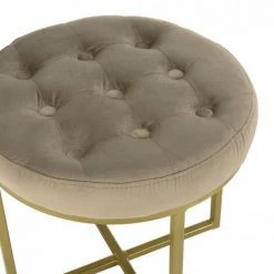 MACABANE ALBANE - Tabouret Rond 41x41cm Velours Taupe Avec Boutons Pieds Croisés Métal Doré - Taupe / Doré -MACABANE Elegant store 41641363 5
