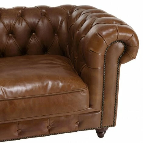 MACABANE GASTON - Canapé Marron CHESTERFIELD Capitonné Vintage 3 Places Cuir Pieds Bois - Marron 4 MACABANE GASTON - Canapé Marron CHESTERFIELD Capitonné Vintage 3 Places Cuir Pieds Bois - Marron – Image 3