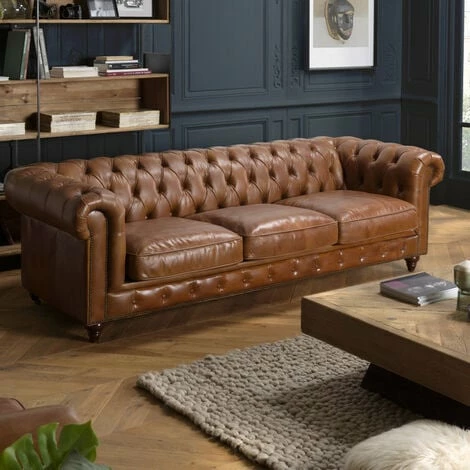 MACABANE GASTON - Canapé Marron CHESTERFIELD Capitonné Vintage 3 Places Cuir Pieds Bois - Marron 5 MACABANE GASTON - Canapé Marron CHESTERFIELD Capitonné Vintage 3 Places Cuir Pieds Bois - Marron – Image 4