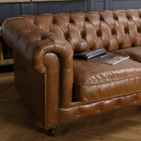 MACABANE GASTON - Canapé Marron CHESTERFIELD Capitonné Vintage 3 Places Cuir Pieds Bois - Marron 6 MACABANE GASTON - Canapé Marron CHESTERFIELD Capitonné Vintage 3 Places Cuir Pieds Bois - Marron – Image 5