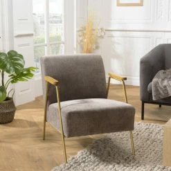 MACABANE ALBANE - Fauteuil Lounge Tissu Taupe Métal Doré Accoudoirs Bois - Taupe / Doré -MACABANE Elegant store 44154437 4