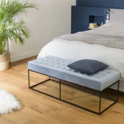 MACABANE ALBANE - Banc En Velours Bleu Clair Capitonné Structure Métal Noir - Bleu Clair / Noir