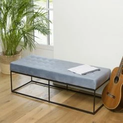 MACABANE ALBANE - Banc En Velours Bleu Clair Capitonné Structure Métal Noir - Bleu Clair / Noir -MACABANE Elegant store 44154438 4