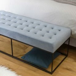 MACABANE ALBANE - Banc En Velours Bleu Clair Capitonné Structure Métal Noir - Bleu Clair / Noir -MACABANE Elegant store 44154438 5