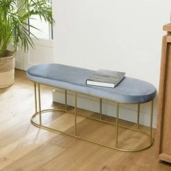 MACABANE ALBANE - Banc Velours Bleu Pieds Arrondis Métal Doré - Bleu Clair / Doré