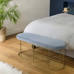 MACABANE ALBANE - Banc Velours Bleu Pieds Arrondis Métal Doré - Bleu Clair / Doré -MACABANE Elegant store 44174902 4