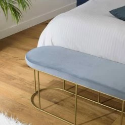 MACABANE ALBANE - Banc Velours Bleu Pieds Arrondis Métal Doré - Bleu Clair / Doré -MACABANE Elegant store 44174902 5