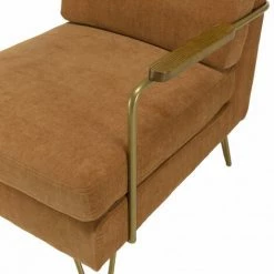 MACABANE ALBANE - Fauteuil Lounge Tissu Orange Métal Doré Accoudoirs Bois - Orange -MACABANE Elegant store 44174905 3