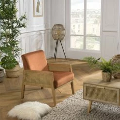 MACABANE ALBANE - Fauteuil Velours Orange Pieds Bois Et Accoudoirs Rotin - Orange / Bois Naturel