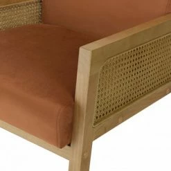 MACABANE ALBANE - Fauteuil Velours Orange Pieds Bois Et Accoudoirs Rotin - Orange / Bois Naturel -MACABANE Elegant store 44174906 3