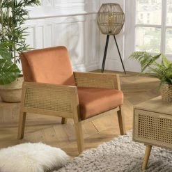 MACABANE ALBANE - Fauteuil Velours Orange Pieds Bois Et Accoudoirs Rotin - Orange / Bois Naturel -MACABANE Elegant store 44174906 4