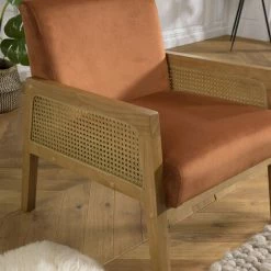 MACABANE ALBANE - Fauteuil Velours Orange Pieds Bois Et Accoudoirs Rotin - Orange / Bois Naturel -MACABANE Elegant store 44174906 5