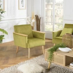 MACABANE ALBANE - Fauteuil Velours Vert Clair Pieds Et Accoudoirs Bois - Vert / Bois Naturel