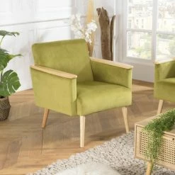 MACABANE ALBANE - Fauteuil Velours Vert Clair Pieds Et Accoudoirs Bois - Vert / Bois Naturel -MACABANE Elegant store 44174908 4