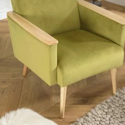 MACABANE ALBANE - Fauteuil Velours Vert Clair Pieds Et Accoudoirs Bois - Vert / Bois Naturel -MACABANE Elegant store 44174908 5