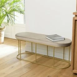 MACABANE ALBANE - Banc Velours Gris Taupe Pieds Arrondis Métal Doré - Taupe / Doré