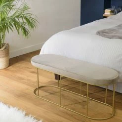 MACABANE ALBANE - Banc Velours Gris Taupe Pieds Arrondis Métal Doré - Taupe / Doré -MACABANE Elegant store 44178076 4