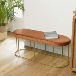 MACABANE ALBANE - Banc Velours Orange Pieds Arrondis Métal Doré - Orange / Doré