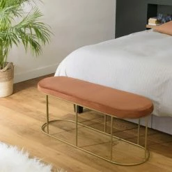 MACABANE ALBANE - Banc Velours Orange Pieds Arrondis Métal Doré - Orange / Doré -MACABANE Elegant store 44178077 4