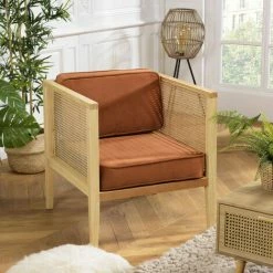 MACABANE ALBANE - Fauteuil Cannage Assise Amovible Velours Orange - Orange / Bois Naturel -MACABANE Elegant store 44178078 4
