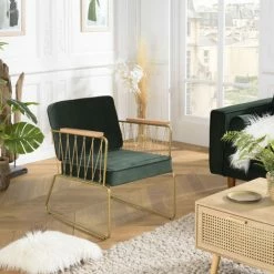 MACABANE ALBANE - Fauteuil Velours Vert Foncé Pieds Métal Doré Accoudoirs Bois Et Cordage - Vert / Doré