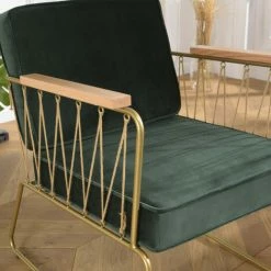MACABANE ALBANE - Fauteuil Velours Vert Foncé Pieds Métal Doré Accoudoirs Bois Et Cordage - Vert / Doré -MACABANE Elegant store 44178079 5