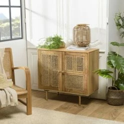 MACABANE ISA - Buffet Marron 2 Portes Bois De Manguier Patchwork Cannage Couleur Naturelle Pieds En Métal - Marron