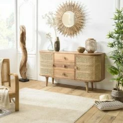 MACABANE ISA - Buffet Marron 2 Portes 3 Tiroirs Bois De Jamelonier Et Cannage Couleur Naturelle - Marron