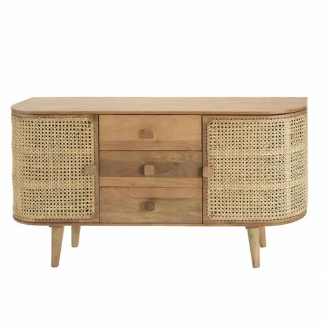 MACABANE ISA - Buffet Marron 2 Portes 3 Tiroirs Bois De Jamelonier Et Cannage Couleur Naturelle - Marron 4 MACABANE ISA - Buffet Marron 2 Portes 3 Tiroirs Bois De Jamelonier Et Cannage Couleur Naturelle - Marron – Image 2