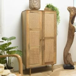 MACABANE ISA - Meuble Haut Marron 2 Portes Bois De Manguier Cannage Couleur Naturelle - Marron -MACABANE Elegant store 44456195 5